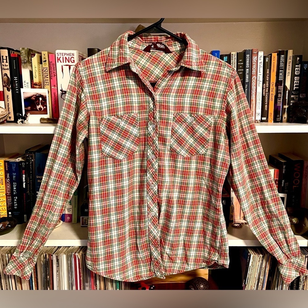1970s Join-In Vintage Plaid Flannel Red Green Shirt Small Made in Hong Kong EUC